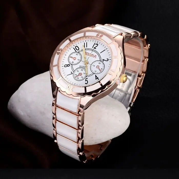 Rosa de ouro branco relógio feminino clássico aço cerâmica senhoras relógio